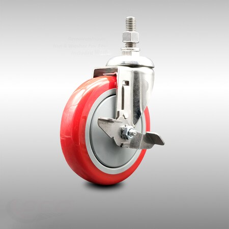 Service Caster 5 Inch 316SS Red Polyurethane Swivel 1/2 Inch Threaded Stem Caster with Brake SCC-SS316TS20S514-PPUBRED-TLB-121315